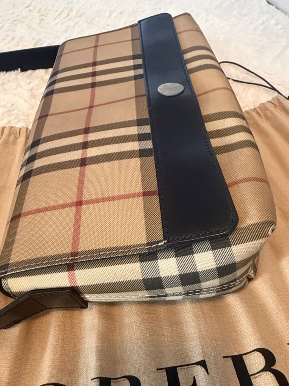 Burberry Beige Check Canvas Shoulder Bag with Black Trim - Picture 6 of 16